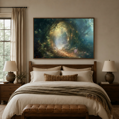 Mystical forest portal wall art centered above bed in warm-toned bedroom with linen bedding