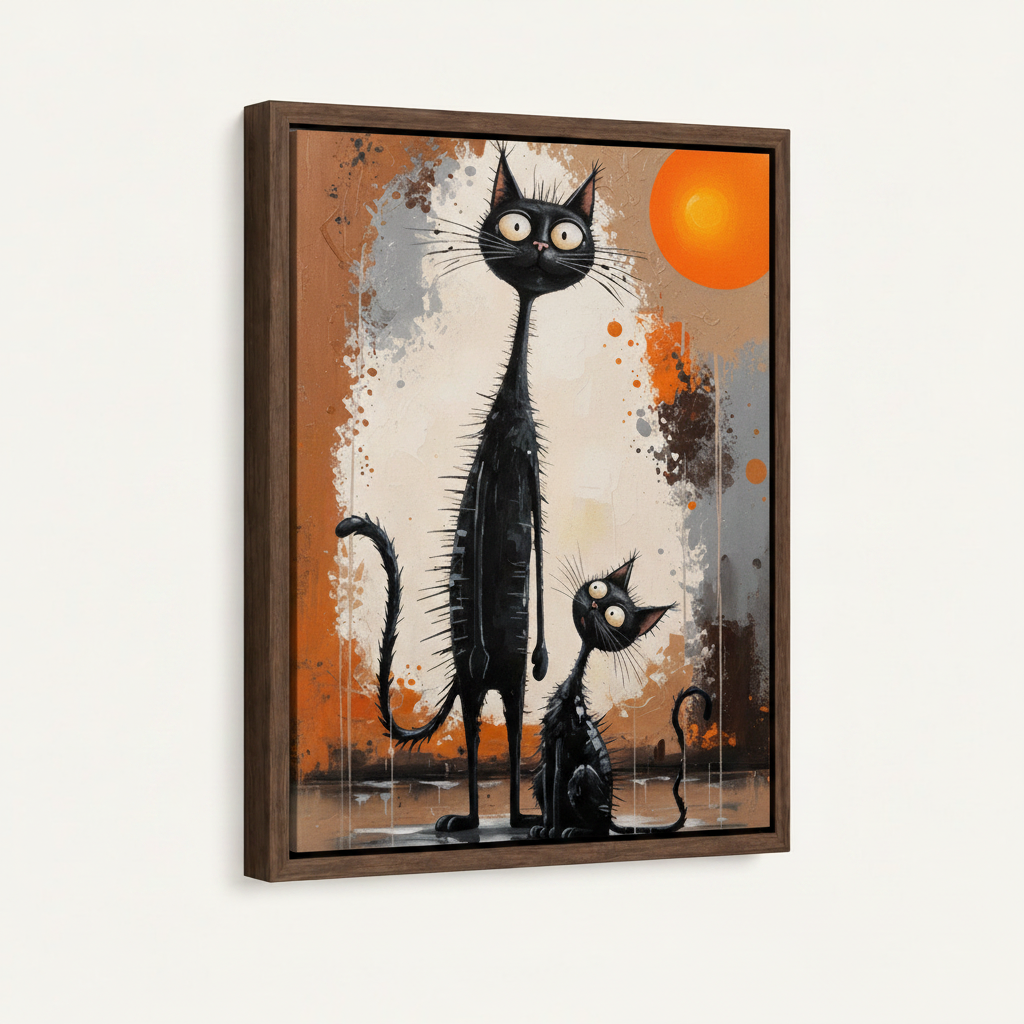 Framed black cat duo expressionist canvas print in dark walnut float frame on white background
