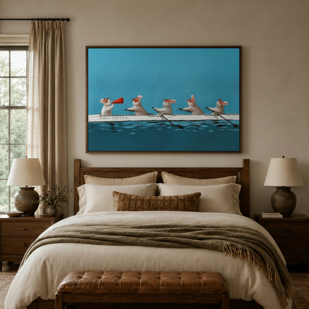 Rowing rabbits oil-style canvas wall art above bed in cozy neutral bedroom decor
