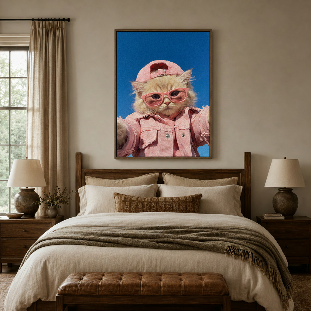 Bold funny pet canvas of a cream cat in pink denim jacket centered above a wood bed frame