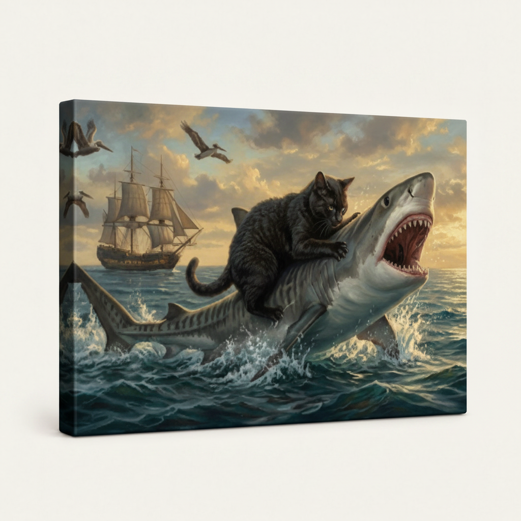 Gallery wrapped black cat riding shark canvas side view dark ocean tones wrapping edges no frame