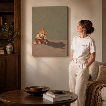 Gallery-wrapped mouse sewing its shadow canvas beside a woman in a white shirt.
