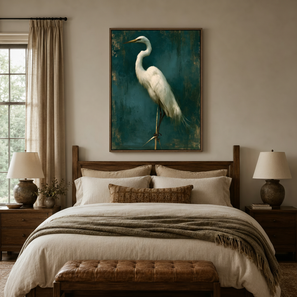 Vintage bird canvas wall art above bed in a cozy neutral bedroom with linen bedding
