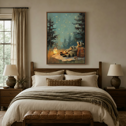 Charming wildlife canvas print above bed in warm bedroom with linen bedding and wood furniture