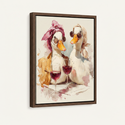 Framed duck watercolor canvas print in dark walnut float frame angled view