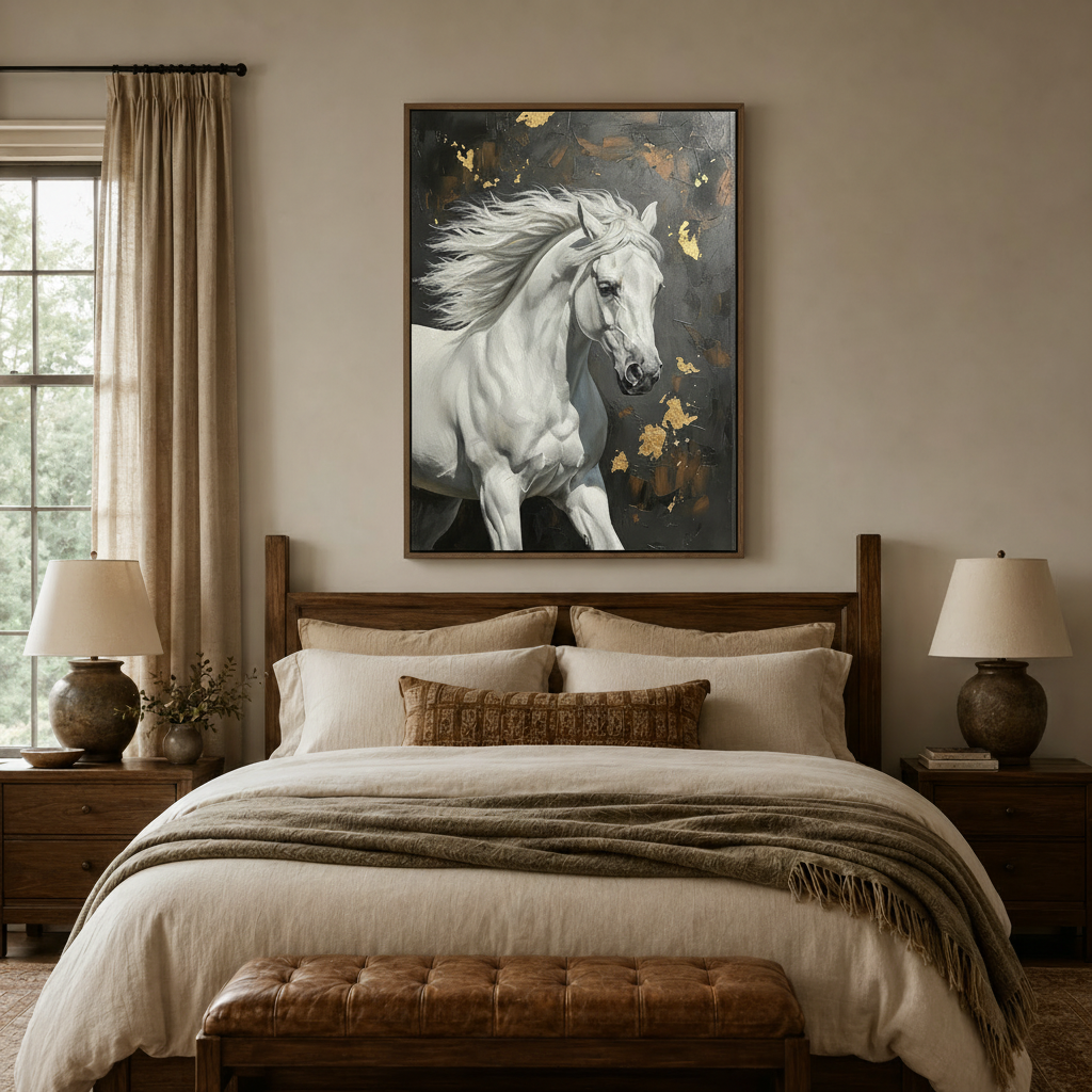  Bold white horse oil painting canvas above bed in cozy neutral bedroom setting