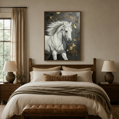  Bold white horse oil painting canvas above bed in cozy neutral bedroom setting