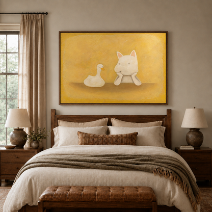 Whimsical animal friendship canvas in a walnut frame centered above a cozy neutral-toned bed with table lamps