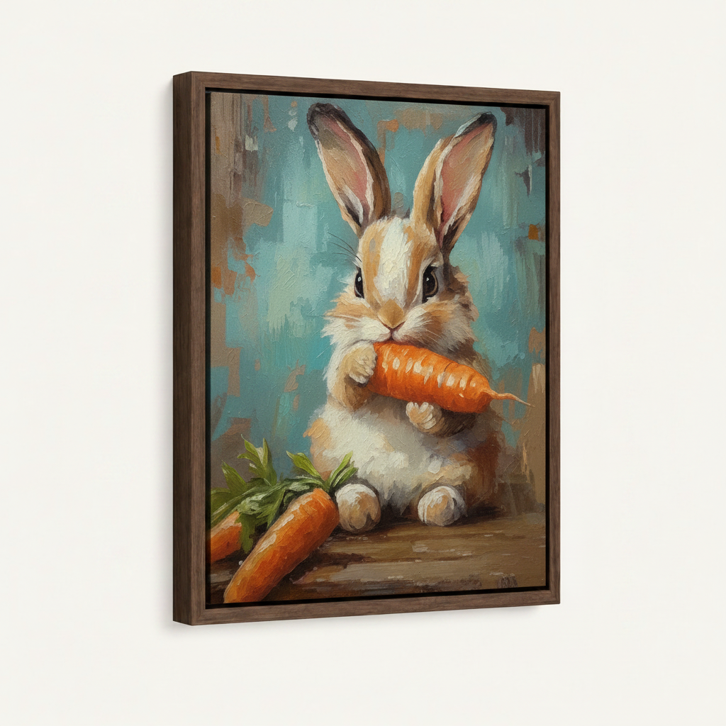  Framed bunny eating carrot impasto canvas print in dark walnut float frame on soft off-white background