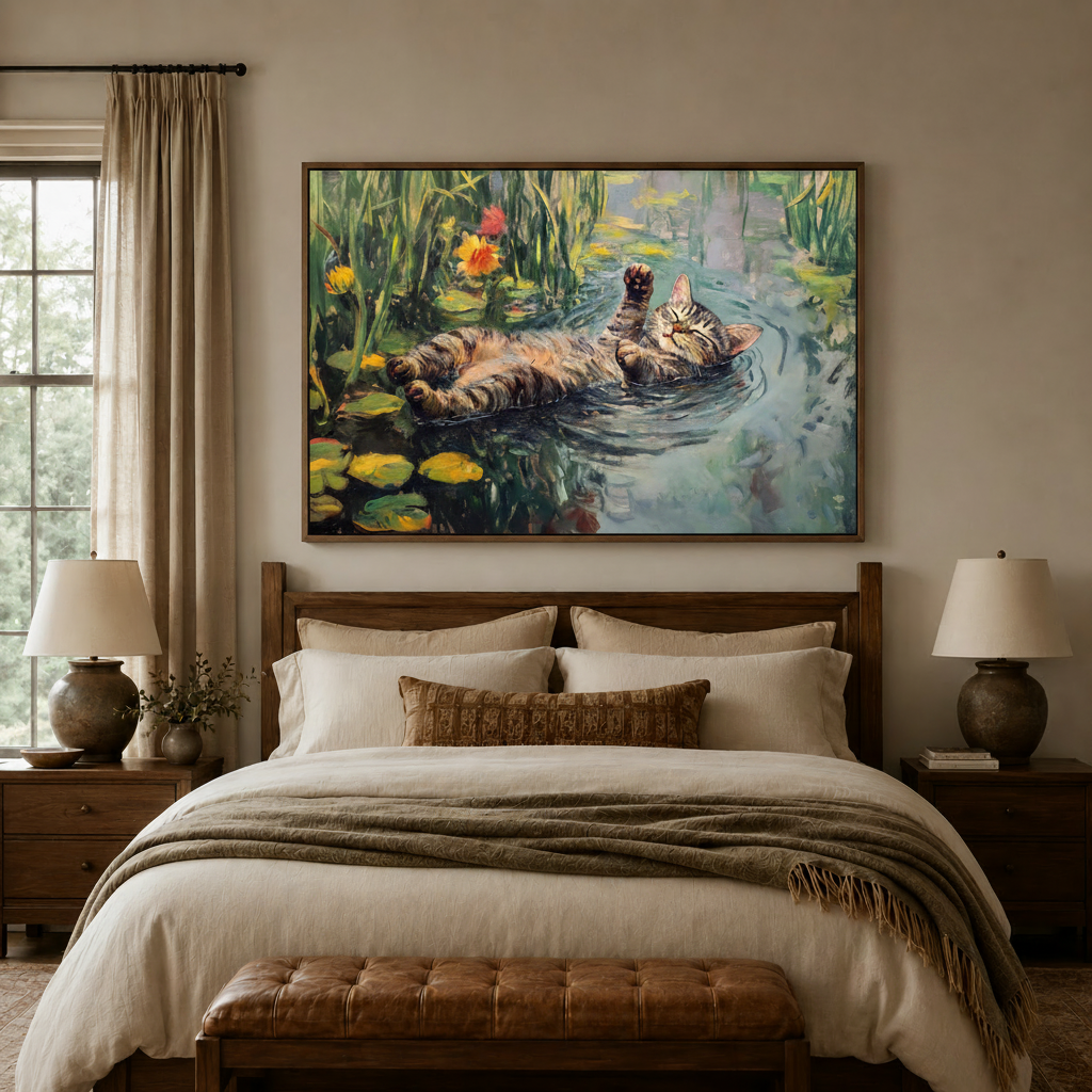 Lazy cat lily pond canvas print hanging above bed in cozy neutral bedroom