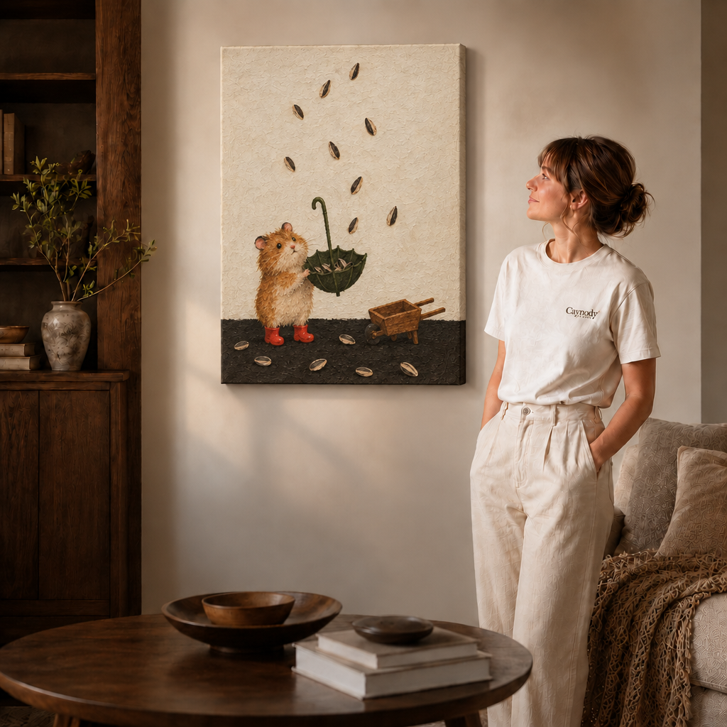Gallery-wrapped canvas of a mouse collecting sunflower seeds beside a woman in a white shirt.