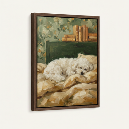  Framed sleeping puppy vintage library canvas print in thin dark walnut float frame with black gap on off-white background