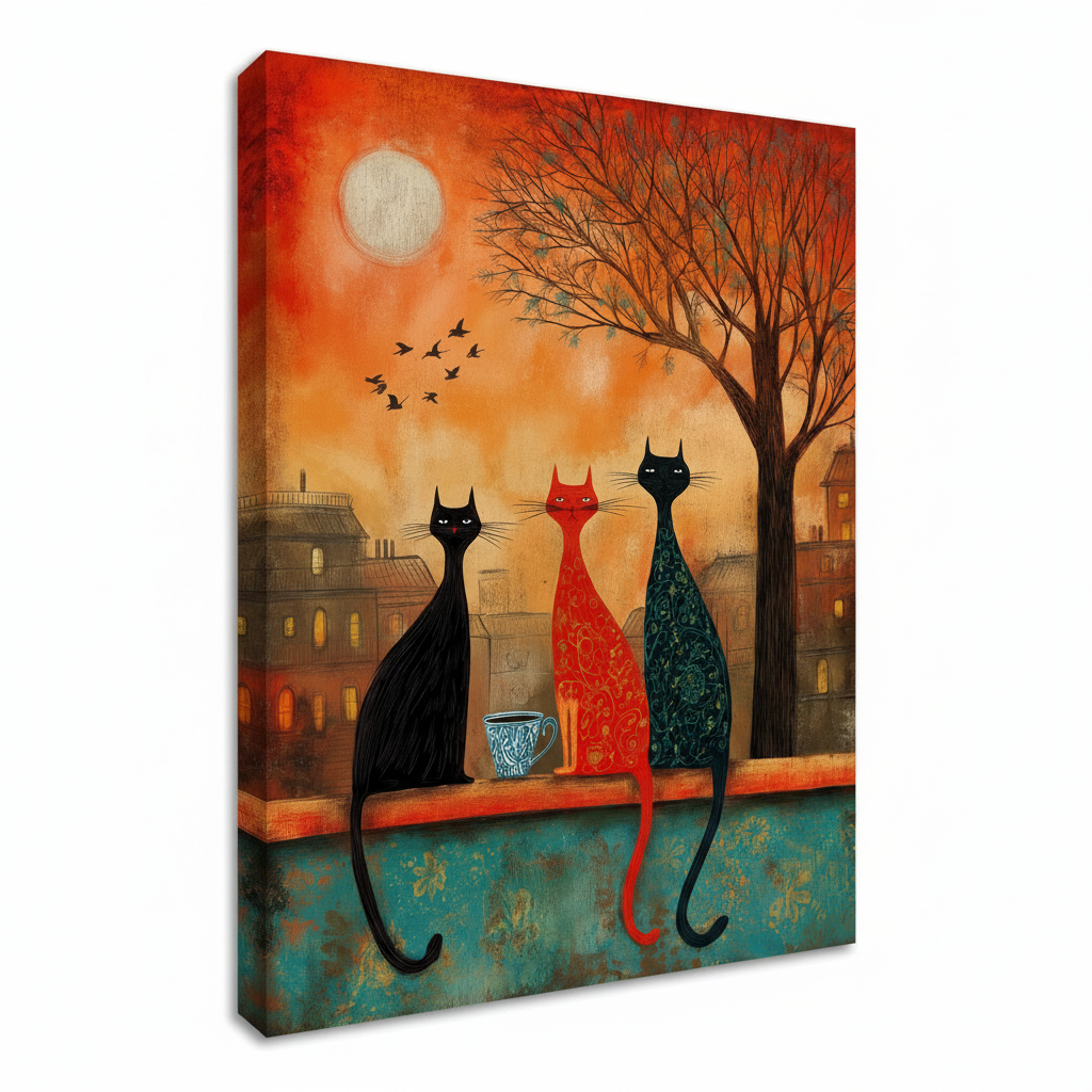 Gallery-wrapped three cats moon night canvas art shown at angle revealing side wrap texture and depth