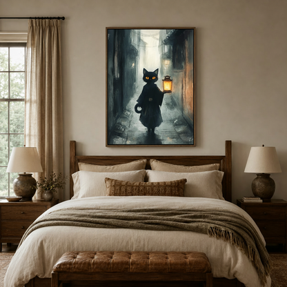Dark academia black cat lantern fantasy painting framed canvas art above bed in cozy bedroom