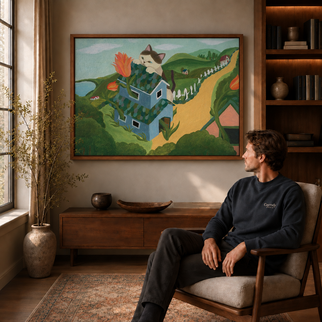  Man seated in a wooden armchair looking up at the whimsical cat house canvas in a deep walnut floating frame