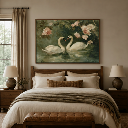 Romantic swans oil painting canvas centered above dark wood bed headboard in warm cozy bedroom setting