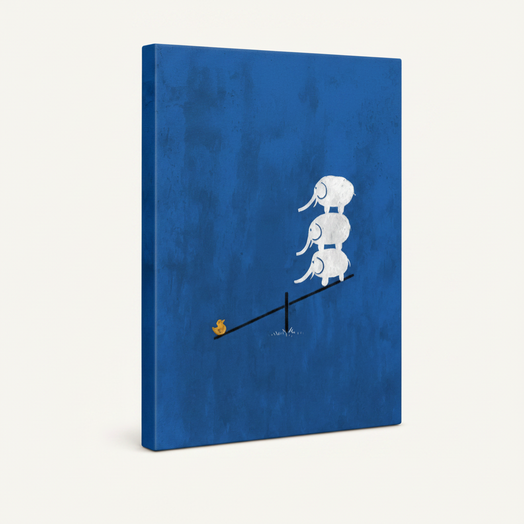 Gallery-wrapped whimsical elephant seesaw canvas, wrap edges visible, clean white background