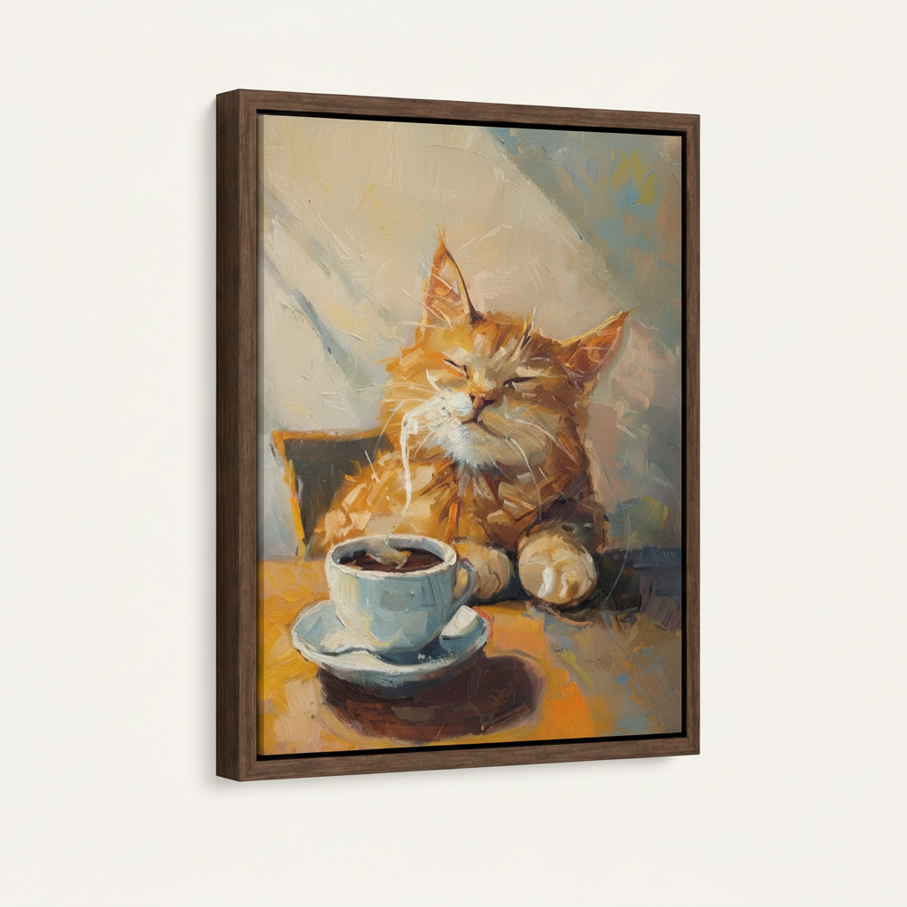 Framed impressionist canvas art orange cat coffee scene floating frame dark walnut angled view