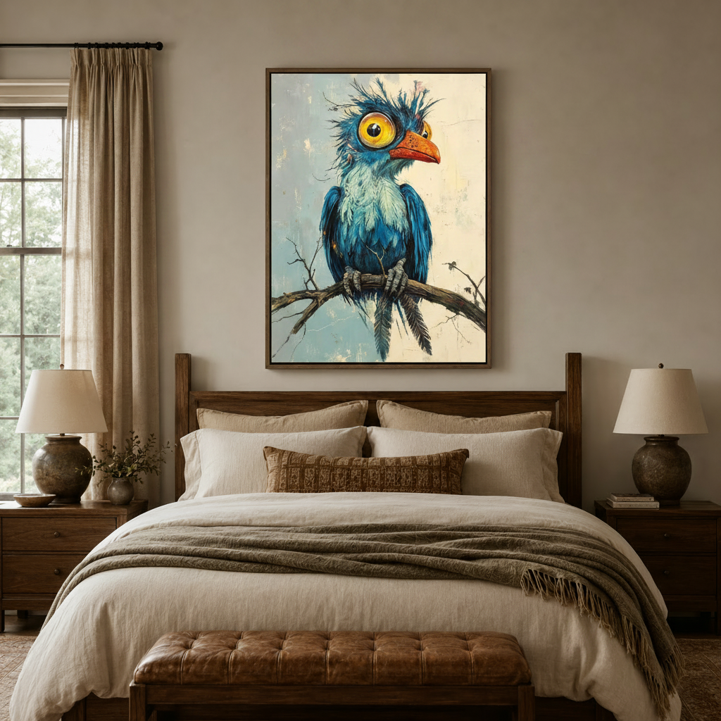 Funny blue bird with wild feathers canvas art above a linen bed in a cozy warm-toned bedroom