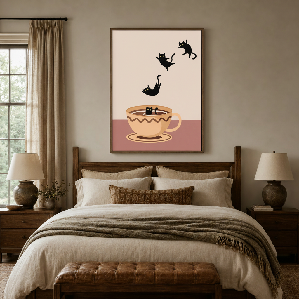 Black cat coffee cup print hanging above bed in cozy neutral bedroom interior