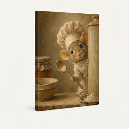 Gallery-wrapped mouse chef storybook canvas showing warm golden-beige wrap edges, no frame, 3/4 angle view