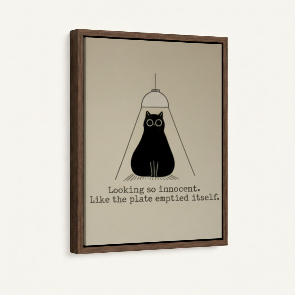 Framed black cat wall art front view with humorous caption on cream background