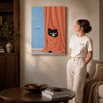 Woman in a cream tee standing next to a gallery-wrapped canvas showing a whimsical black cat curtain illustration.