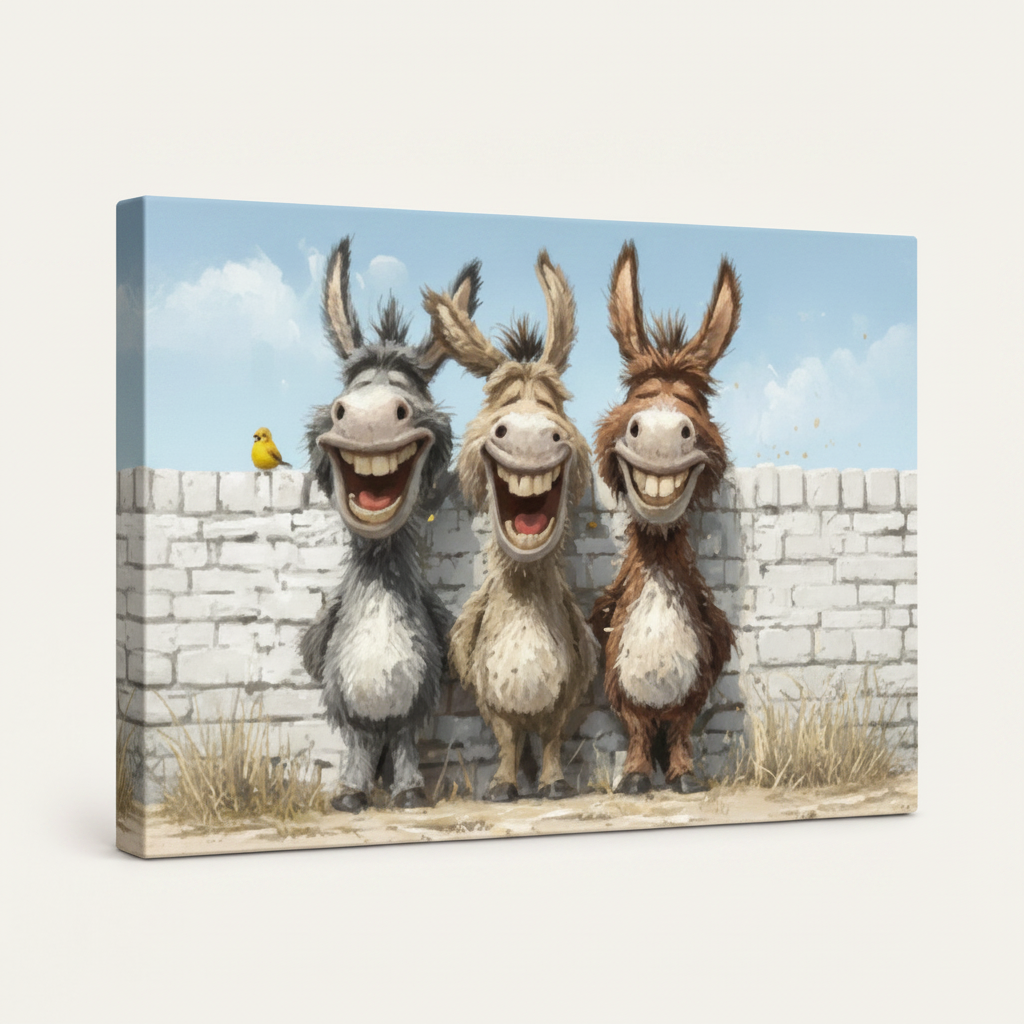 Gallery wrapped three laughing donkeys cartoon canvas side view stone wall blue sky tones wrapping edges