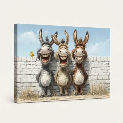 Gallery wrapped three laughing donkeys cartoon canvas side view stone wall blue sky tones wrapping edges