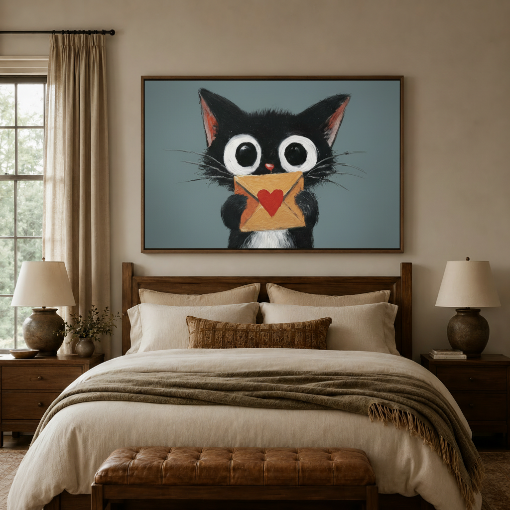 Whimsical black cat heart envelope canvas wall art in walnut floater frame above bed in neutral bedroom