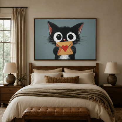 Whimsical black cat heart envelope canvas wall art in walnut floater frame above bed in neutral bedroom