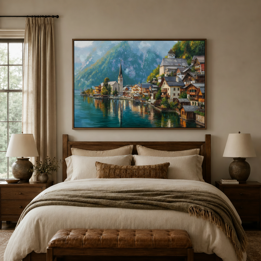 Impressionist Hallstatt lake canvas art displayed above bed in neutral bedroom setting