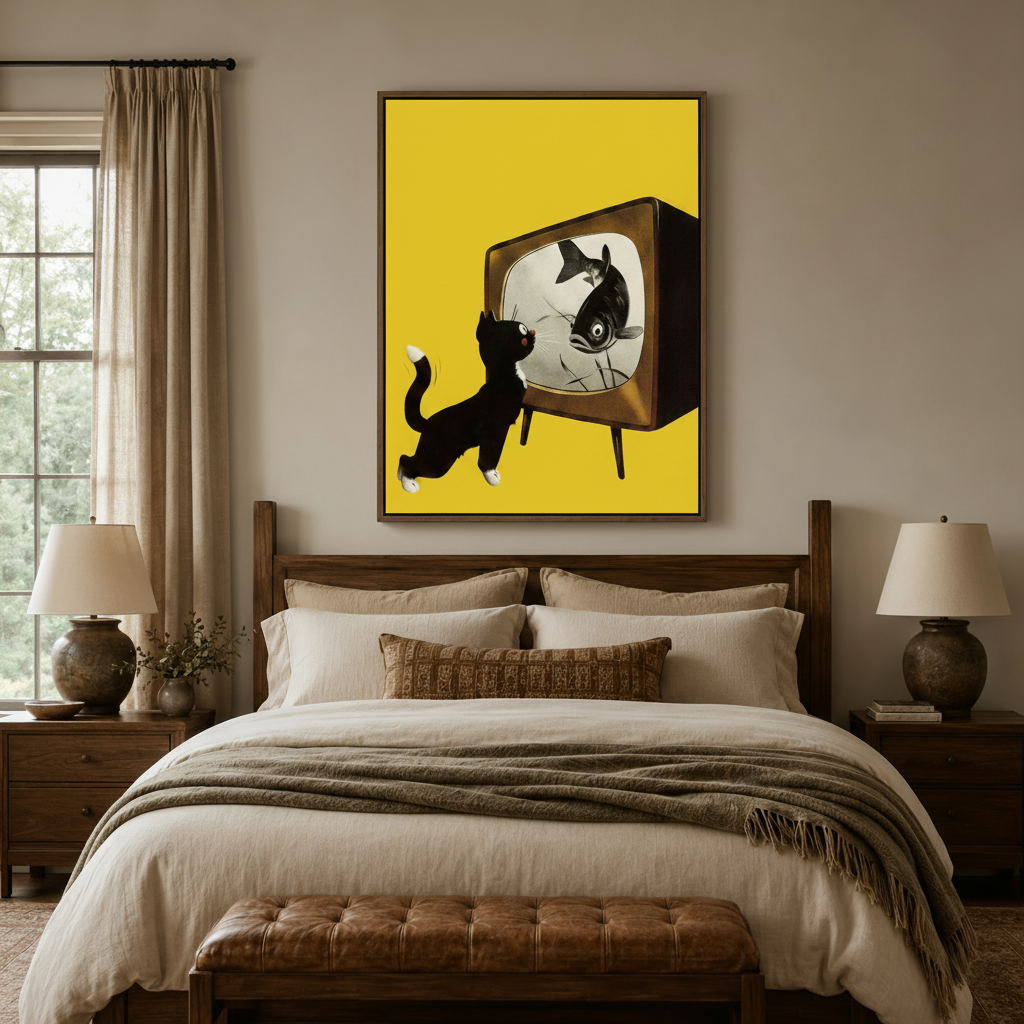 Bold mustard yellow cat and fish canvas wall art above a neutral linen bedroom bed