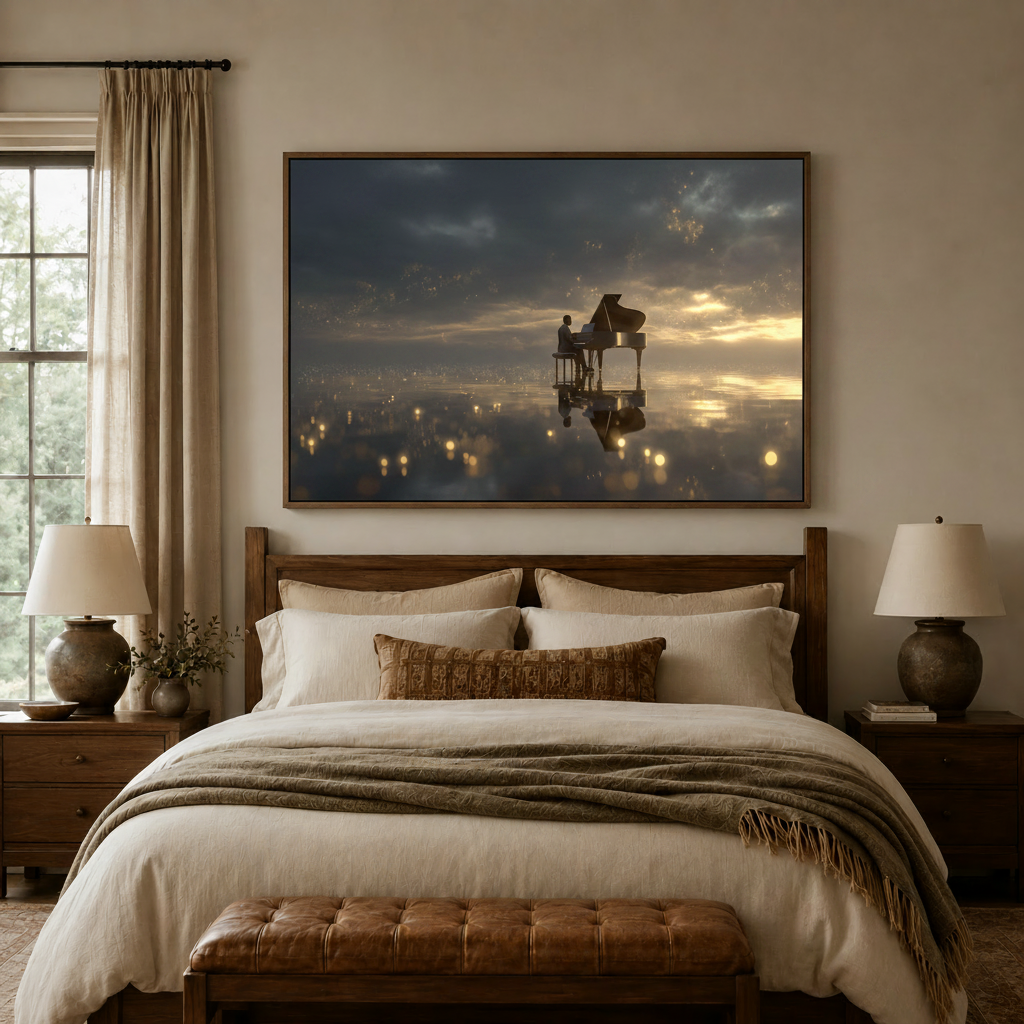 Cinematic pianist canvas wall art hung above bed in cozy bedroom with linen curtains, ceramic lamps, and layered neutral bedding