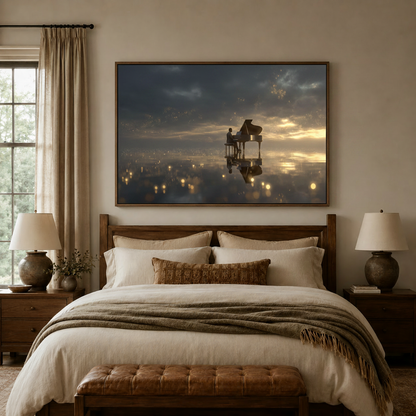 Cinematic pianist canvas wall art hung above bed in cozy bedroom with linen curtains, ceramic lamps, and layered neutral bedding