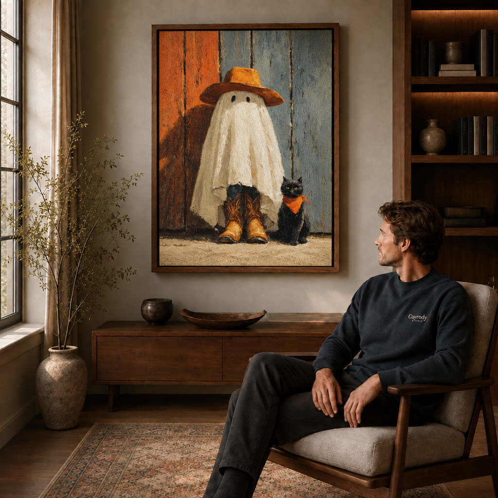 Man in an armchair admiring rustic Western ghost wall art above a walnut console and vintage rug