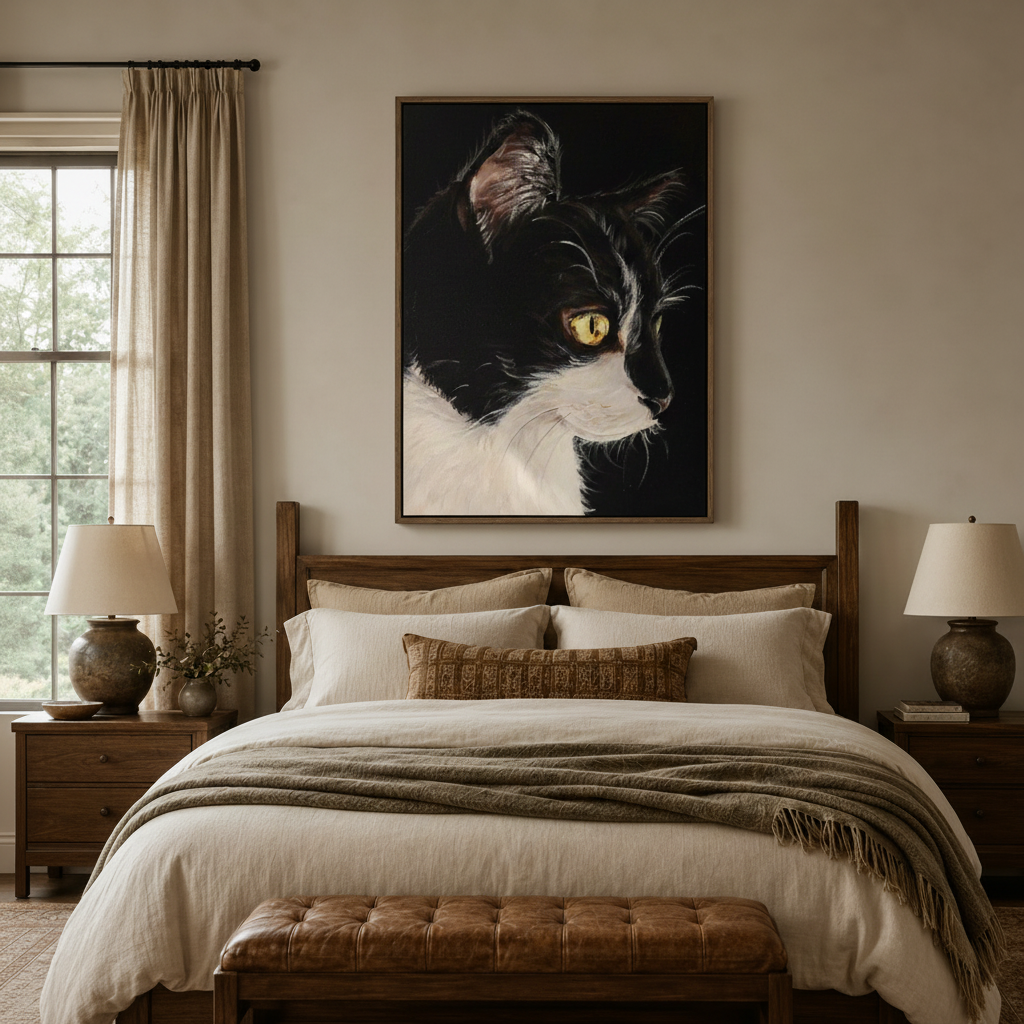 Moody black cat portrait canvas above bed headboard in cozy neutra