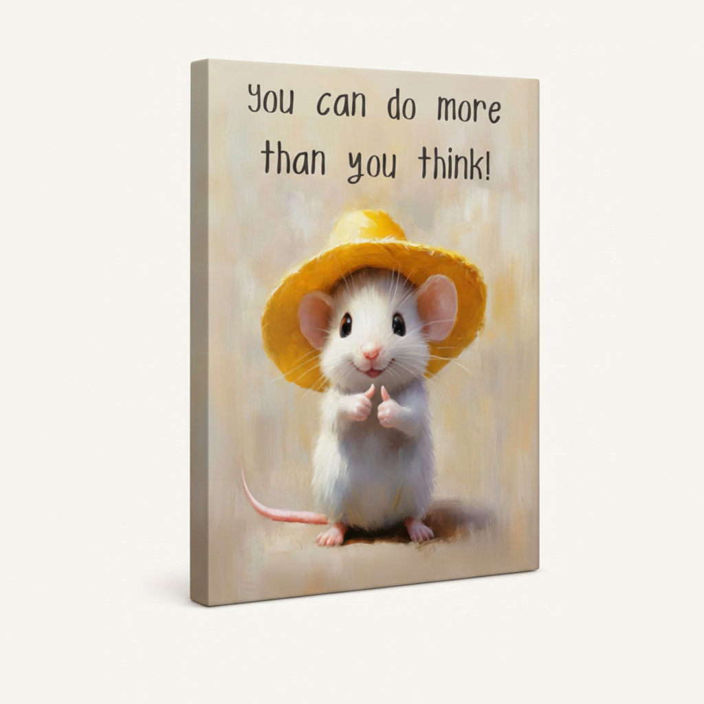 Gallery-wrapped cute mouse motivational quote canvas showing warm cream-golden wrap edges, no frame, 3/4 angle