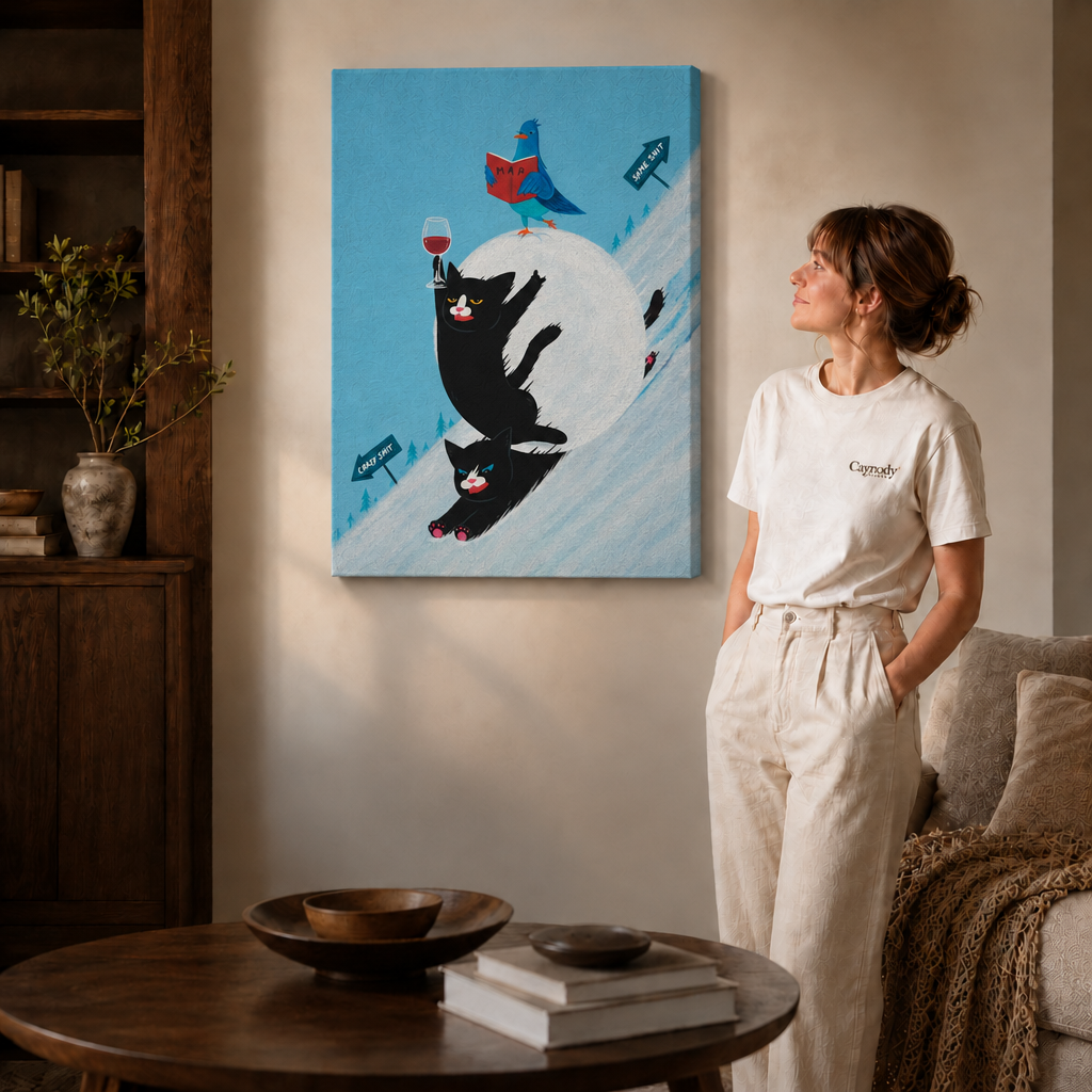 Woman in a cream tee standing next to a gallery-wrapped canvas showing a whimsical calico cat in a blue dress.