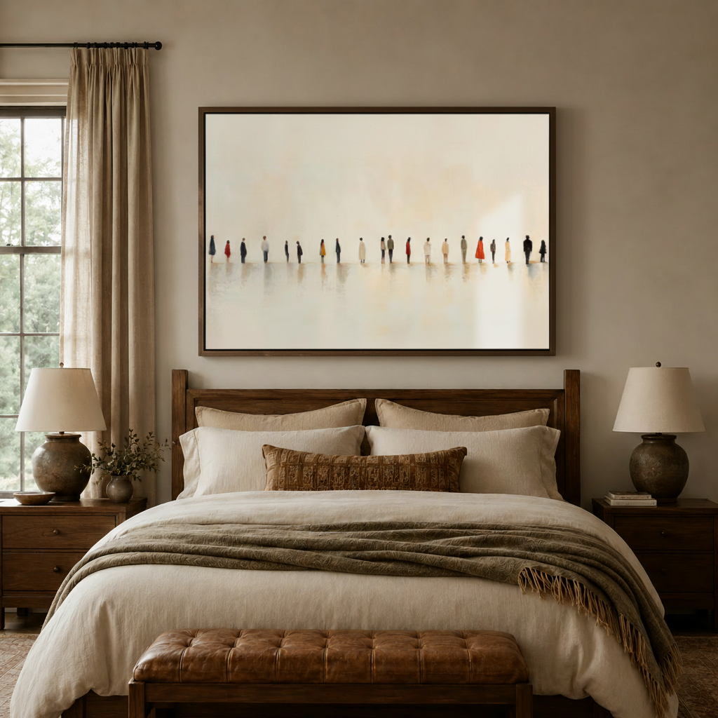 Minimalist figures oil painting centered above a bed in a neutral bedroom interior