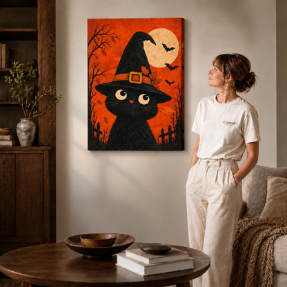 Black cat witch Halloween artwork printed on a gallery-wrapped canvas beside a standing woman in a modern living room.