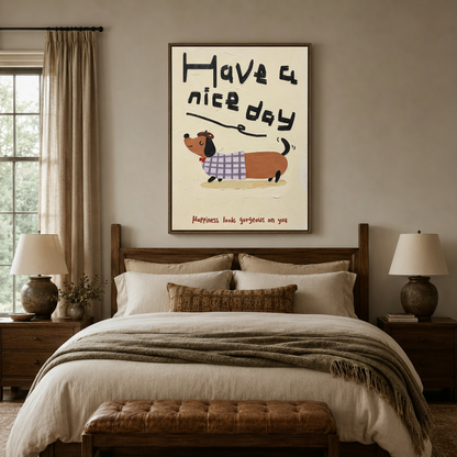 Impasto dachshund canvas print in walnut frame above a linen bed in a warm neutral bedroom