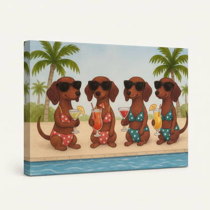 Framed dachshund pool party cartoon canvas print in dark walnut float frame angled 3/4 product view