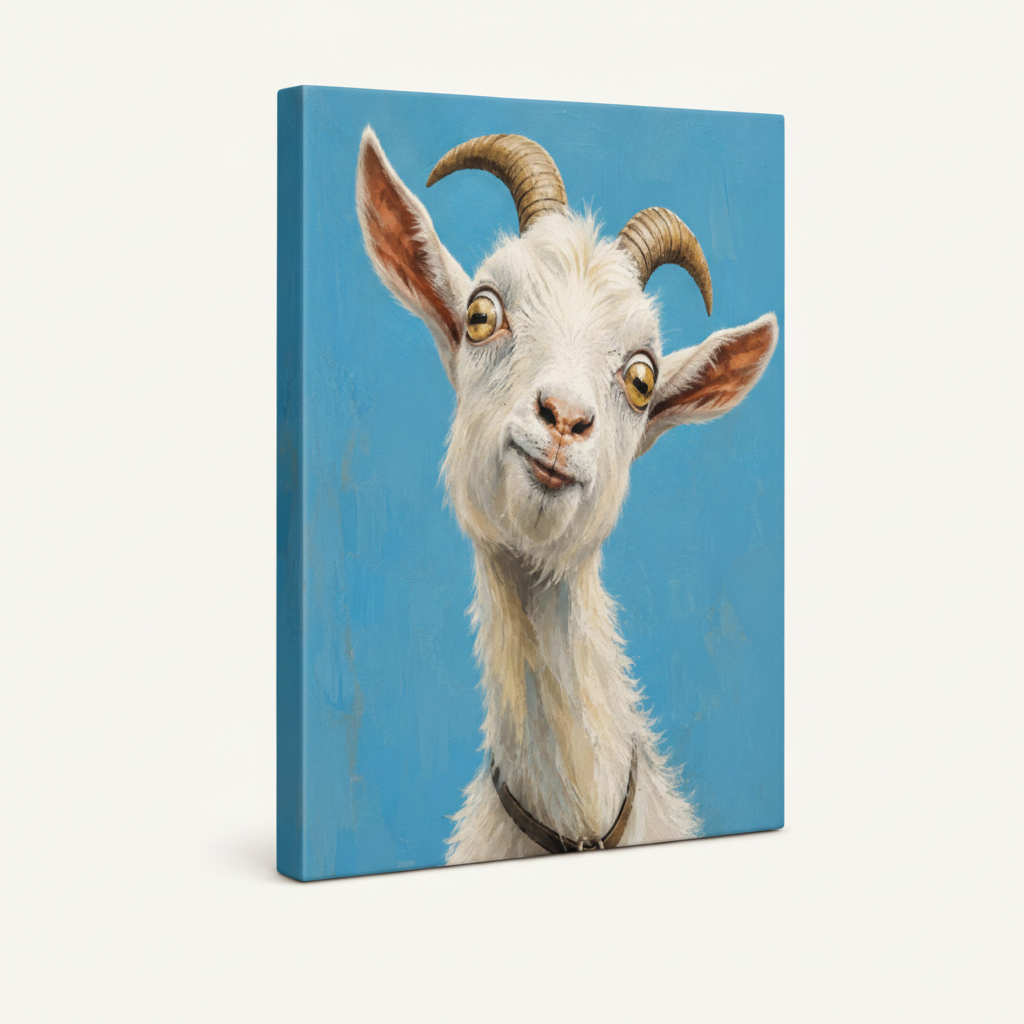 Gallery-wrapped funny goat portrait sky blue canvas showing vivid blue wrap edges, no frame, 3/4 angle