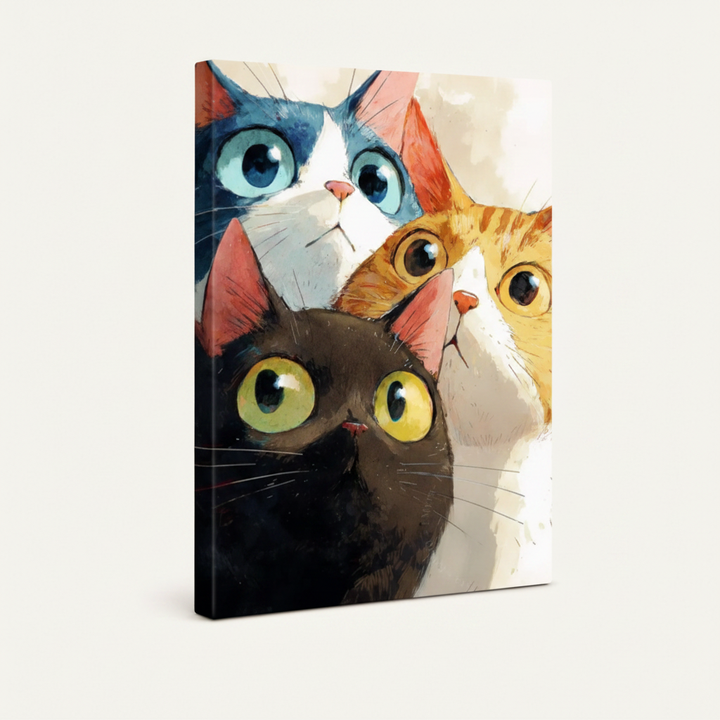Gallery-wrapped canvas print of three curious cats in watercolor illustration style, angled side view