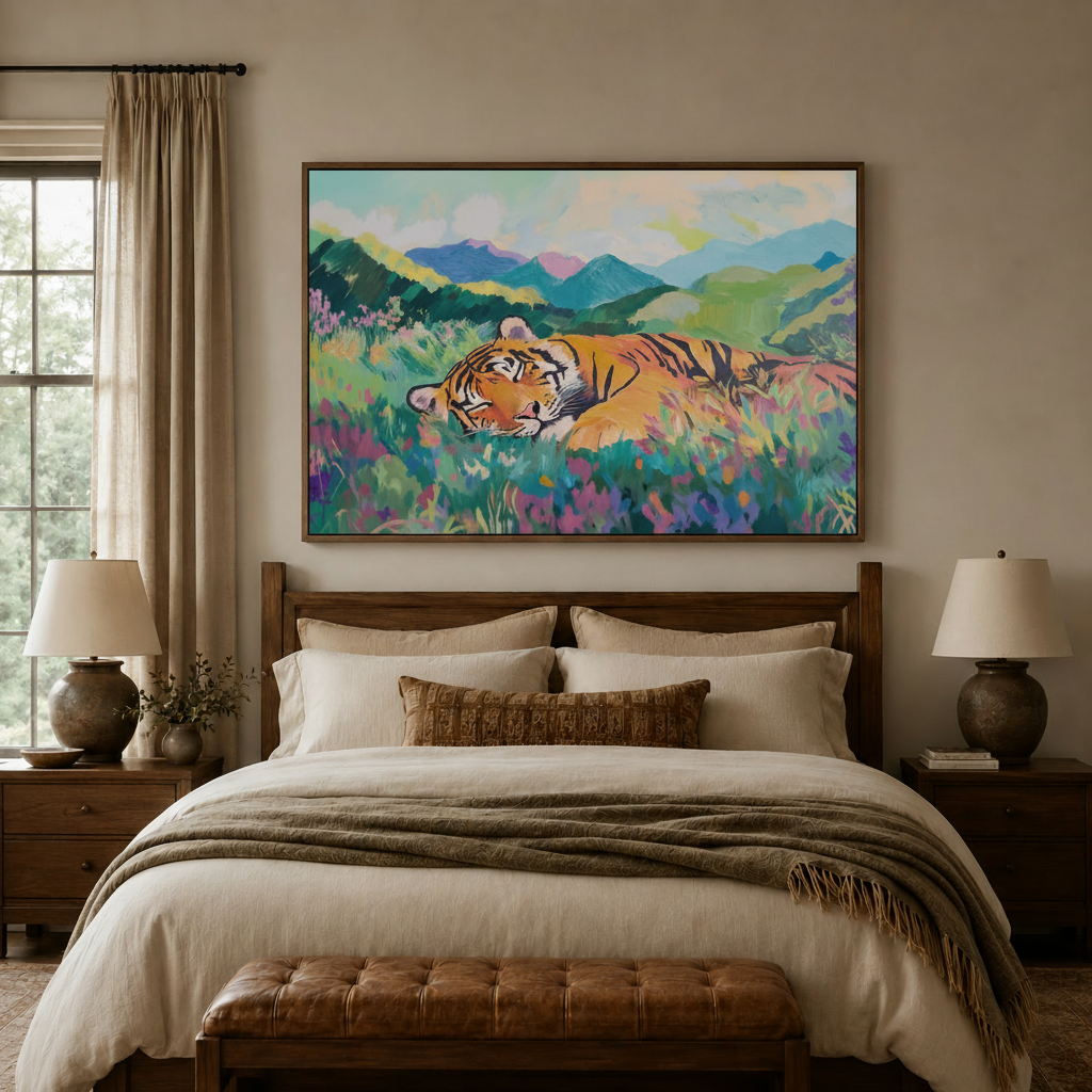 Vibrant tiger landscape canvas art above bed headboard in cozy neutral bedroom setting