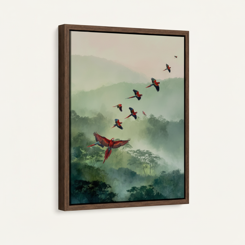 Scarlet macaw rainforest canvas in dark walnut thick float frame, portrait orientation, 3/4 angle view