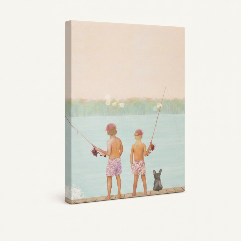 Gallery-wrapped boys fishing dog watercolor canvas showing warm peach sky wrap edges, no frame, 3/4 angle
