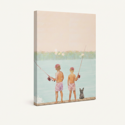Gallery-wrapped boys fishing dog watercolor canvas showing warm peach sky wrap edges, no frame, 3/4 angle