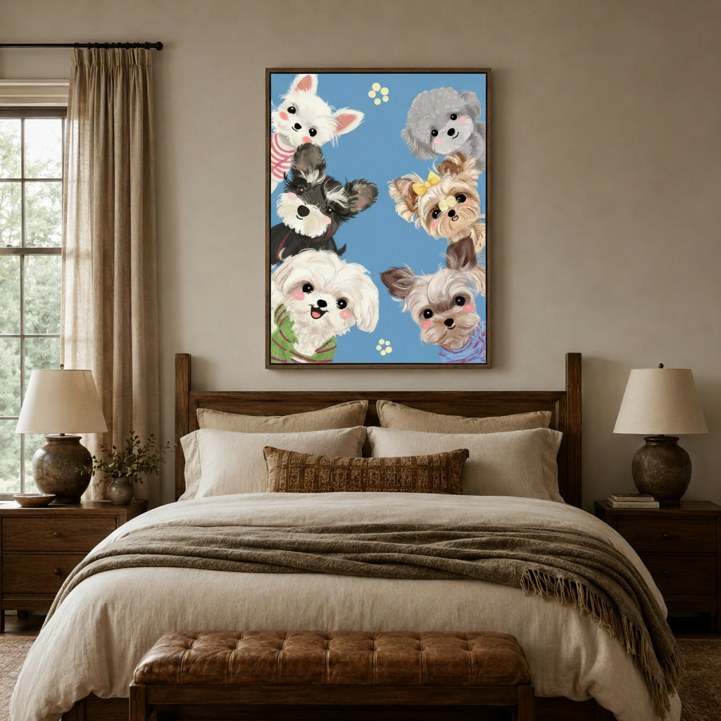 Whimsical puppy canvas print hanging above a cozy bedroom bed with linen bedding